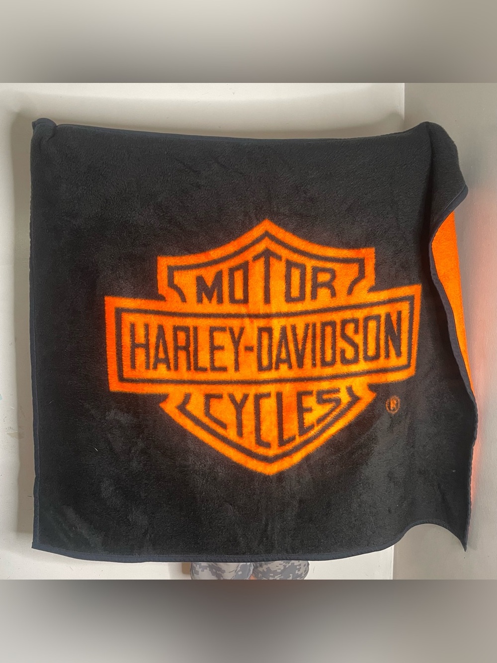 Harley Davidson Blanket Motorcycle Biederlack Orange Black Fleece Throw 48 x 54